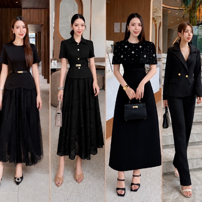 S-2XL ชุดดำผู้หญิง ชุดออกงาน เดรสยาวดำ เดรสเรียบหรู old money