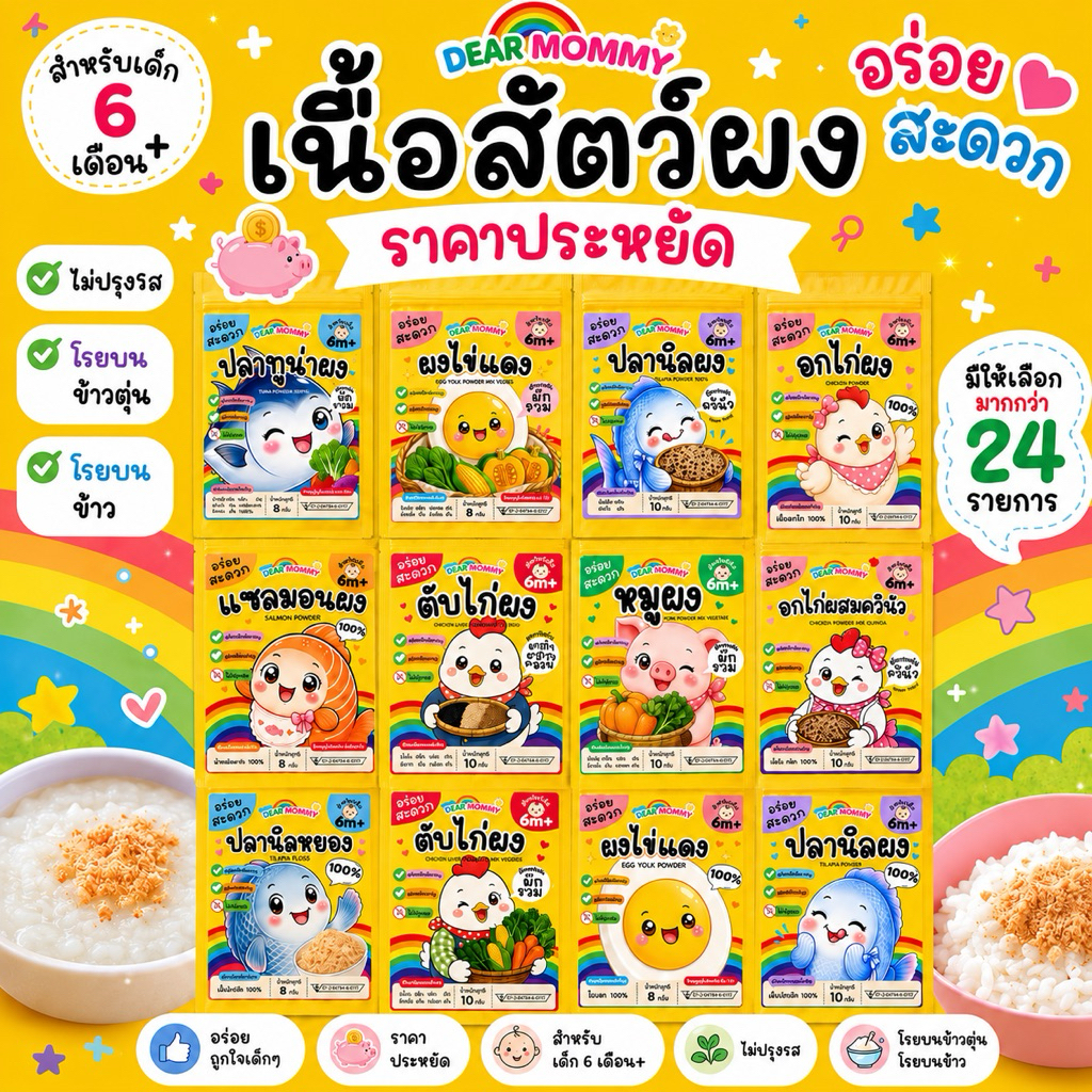 รวมเนื้อสัตว์ผง  ผงโรยข้าวเด็ก ราคาประหยัด สำหรับเด็ก 6 เดือน+ สำหรับโรยข้าวตุ๋น สูตรไม่ปรุงรส หอมอร่อยทุกซอง