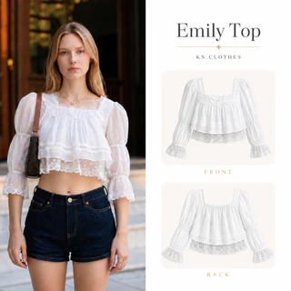 Emily top : KN.Clothes (ผ้าเบาบาง) เสื้อครอปแขนยาว คอเหลี่ยม แต่งลูกไม้หัวใจ ผ้าลูกไม้ 2 เลเยอร์