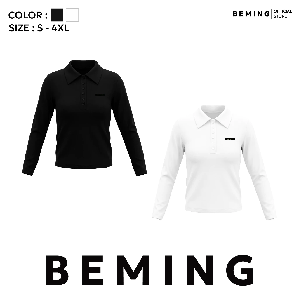 Bemingtop1221(S-4XL)-Rono Polo - เสื้อโปโลแขนยาวดีไซน์มินิมอลดีเทลโลโก้ BEMING