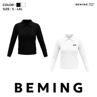 Bemingtop1221(S-4XL)-Rono Polo - เสื้อโปโลแขนยาวดีไซน์มินิมอลดีเทลโลโก้ BEMING