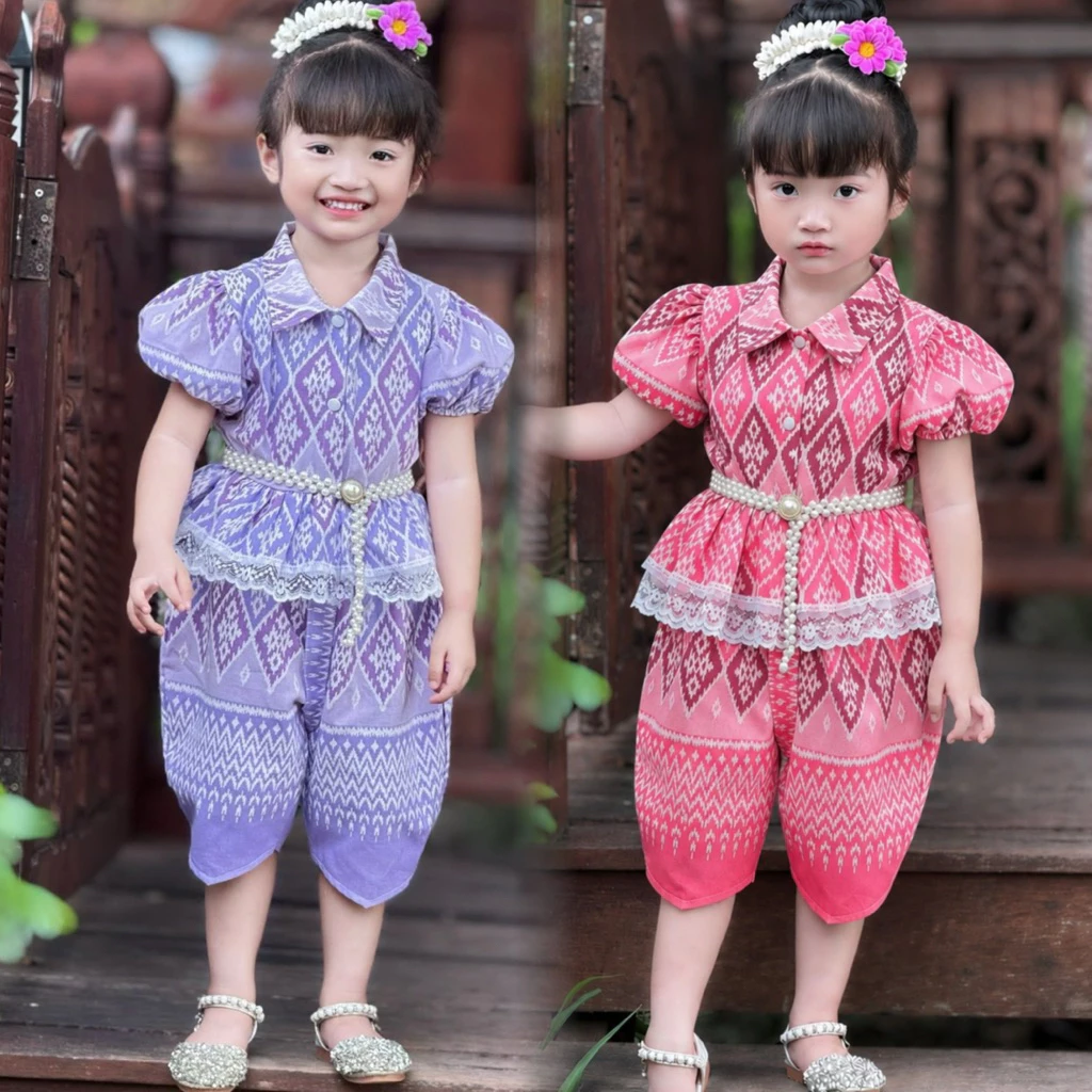 ชุดไทยเด็กผู้หญิง แขนตุ๊กตาเสื้อคอปก + โจงกระเบน (ไม่มีเข็มขัด)