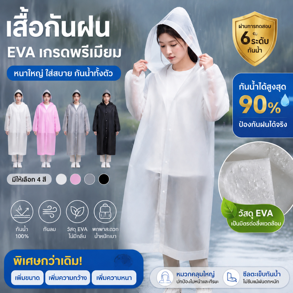 ชุดกันฝน เสื้อกันฝน EVA แฟชั่นสไตล์เกาหลี แบบหนา มีฮู้ด ฟรีไซซ์ เด็กและผู้ใหญ่ กันน้ำได้ดี