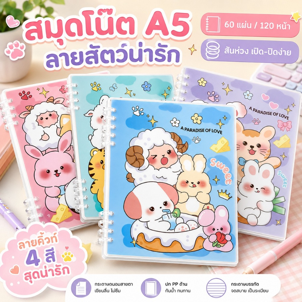KiKi สมุดโน๊ต A5 สันห่วง ลายสัตว์น่ารัก 60 แผ่น/120 หน้า กระดาษมีเส้น พกพาง่าย สำหรับนักเรียน