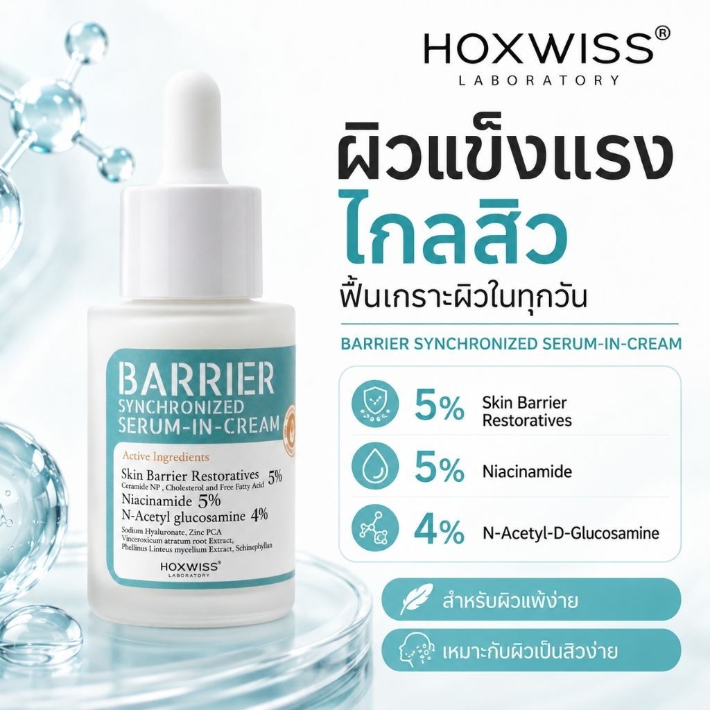 [ส่งฟรี] Hoxwiss เซรั่มลดการเกิดสิว เสริมเกราะปกป้องผิว ผสม Niacinamide BARRIER SYCHRONIZE