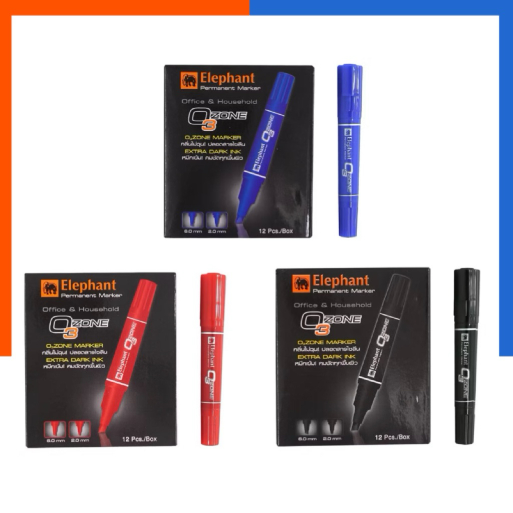 ปากกาเคมี 2 หัว ตราช้าง OZONE [12 ด้าม] ลบไม่ออก กันน้ำ ปากกา มาร์คเกอร์ สีแดง น้ำเงิน ดำ ไร้กลิ่น E