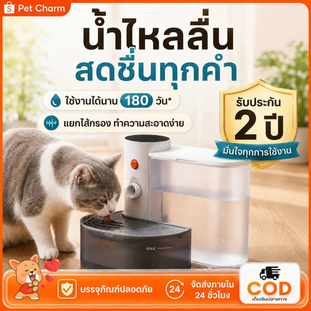 3000ML เครื่องดื่มน้ำอัตโนมัติแบบเทน้ำเอง เครื่องป้อนน้ำสัตว์เลี้ยง ถังให้น้ำแมวสุนัข ระบบกรองน้ำ