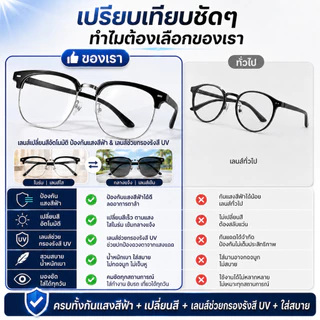 แว่นกรองแสงสีฟ้า เลนส์ออโต้ ออกแดดเปลี่ยนสี กันแดด UV400 กรอบครึ่ง เลนส์เปล่า สำหรับผู้ชายผู้หญิง