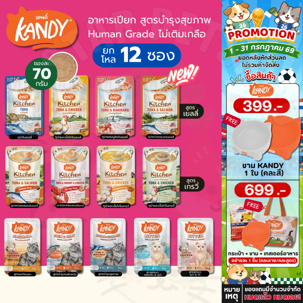 Kandy อาหารเปียก Holistic Grain Free ทูน่าเนื้อขาว ไม่เติมเกลือ สูตรดูแลสุขภาพ ยกโหล 70g*12ซอง