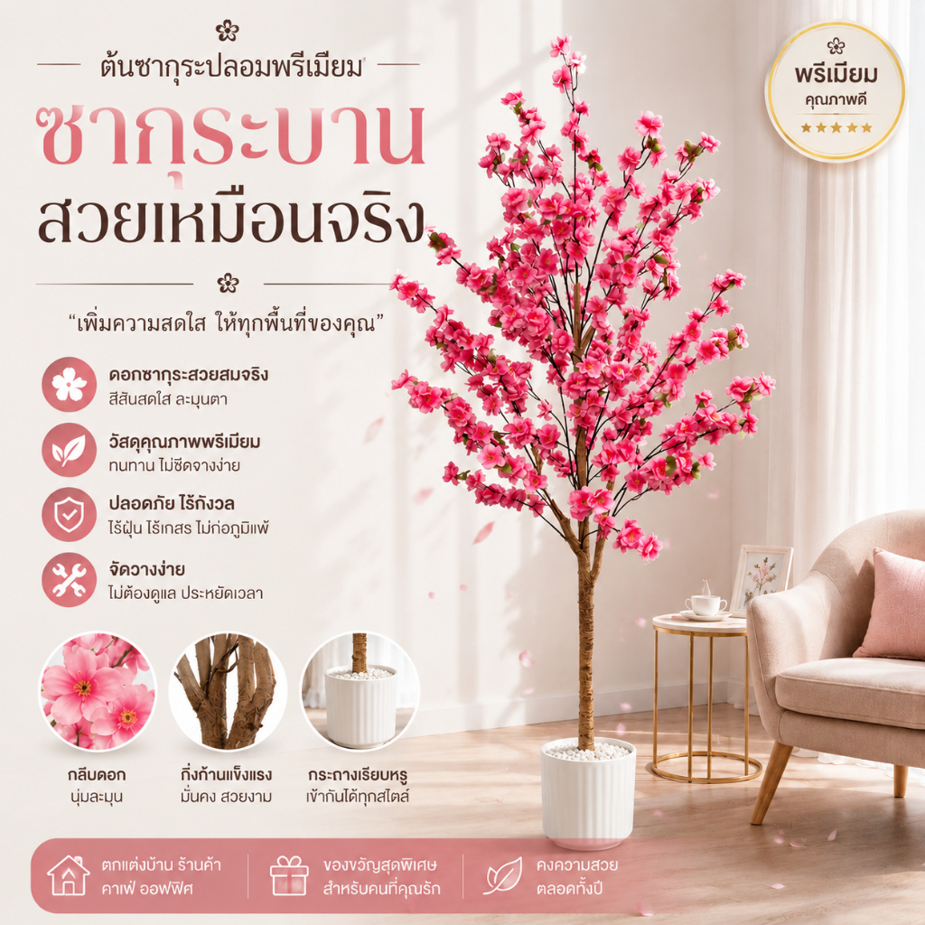 【2026รุ่นใหม่-ไม่มีกลิ่น】ดอกซากุระประดิษฐ์ ดอกไม้ประดิษฐ์ ต้นไม้ปลอม ต้นไม้ปลอมใหญ่ 120/160/180cm สำหรับตกแต่งบ้านและสว