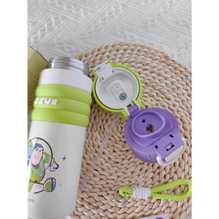 ขวดน้ํา thermos แก้วเก็บความเย็น กระติกน้ำพกพา ลายการ์ตูน สายคล้อง พร้อมปิดฝา ฝา2หัว แบบยกดื่ม แบบดูด สแตนเลส316 520ml