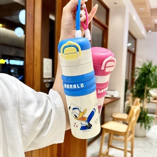 ขวดน้ํา thermos แก้วเก็บความเย็น กระติกน้ำพกพา ลายการ์ตูน สายคล้อง พร้อมปิดฝา ฝา2หัว แบบยกดื่ม แบบดูด สแตนเลส316 520ml