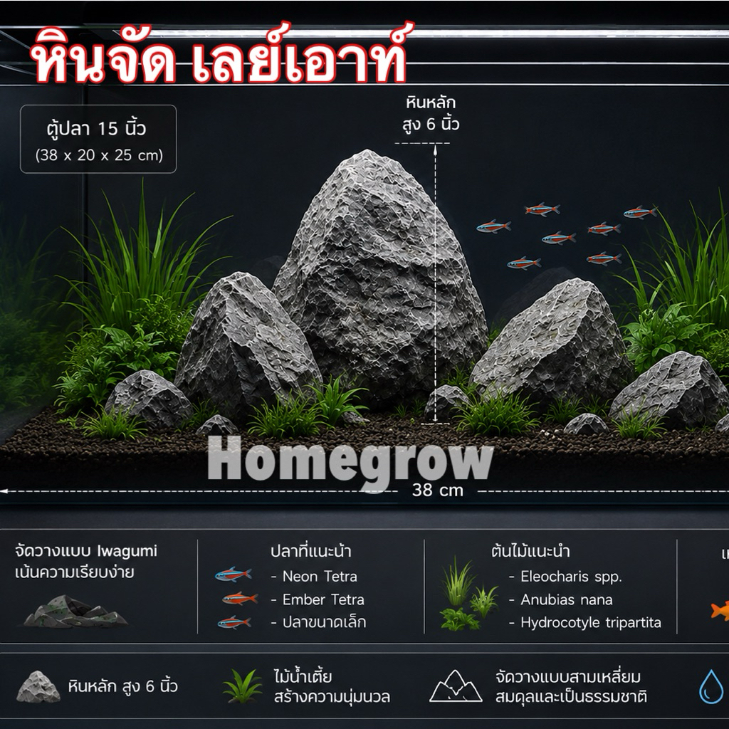 หินจัดเลยท์เอาท์ เลย์เอาท์ เลยเอา หินตู้ปลา ตู้ปลา สีขาวเทา ขนาด 5-6 นิ้ว