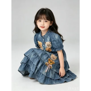 MC355 ชุดกระโปรงกางเกง 2 ชิ้นเซตเด็กผู้หญิง ผ้าฝ้ายระบายอากาศ เสื้อสั้นโชว์เอว ลายตุ๊กตาหมี น่ารักใส่ประจำวัน