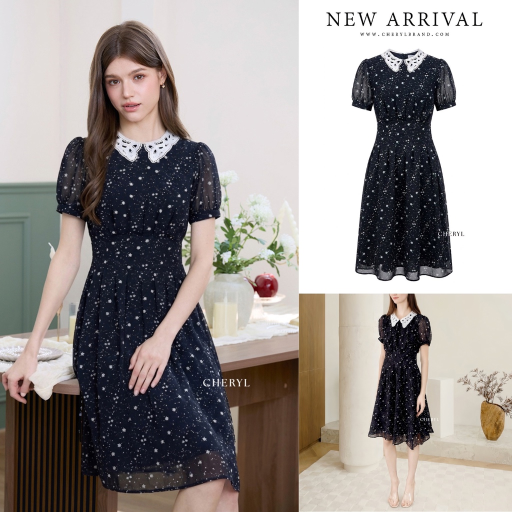 Cheryl brand - Michele Lace Collar Midi Dress in Black Petite Blossom Print / เดรสผ้าชีฟองสีดำลายดอกไม้