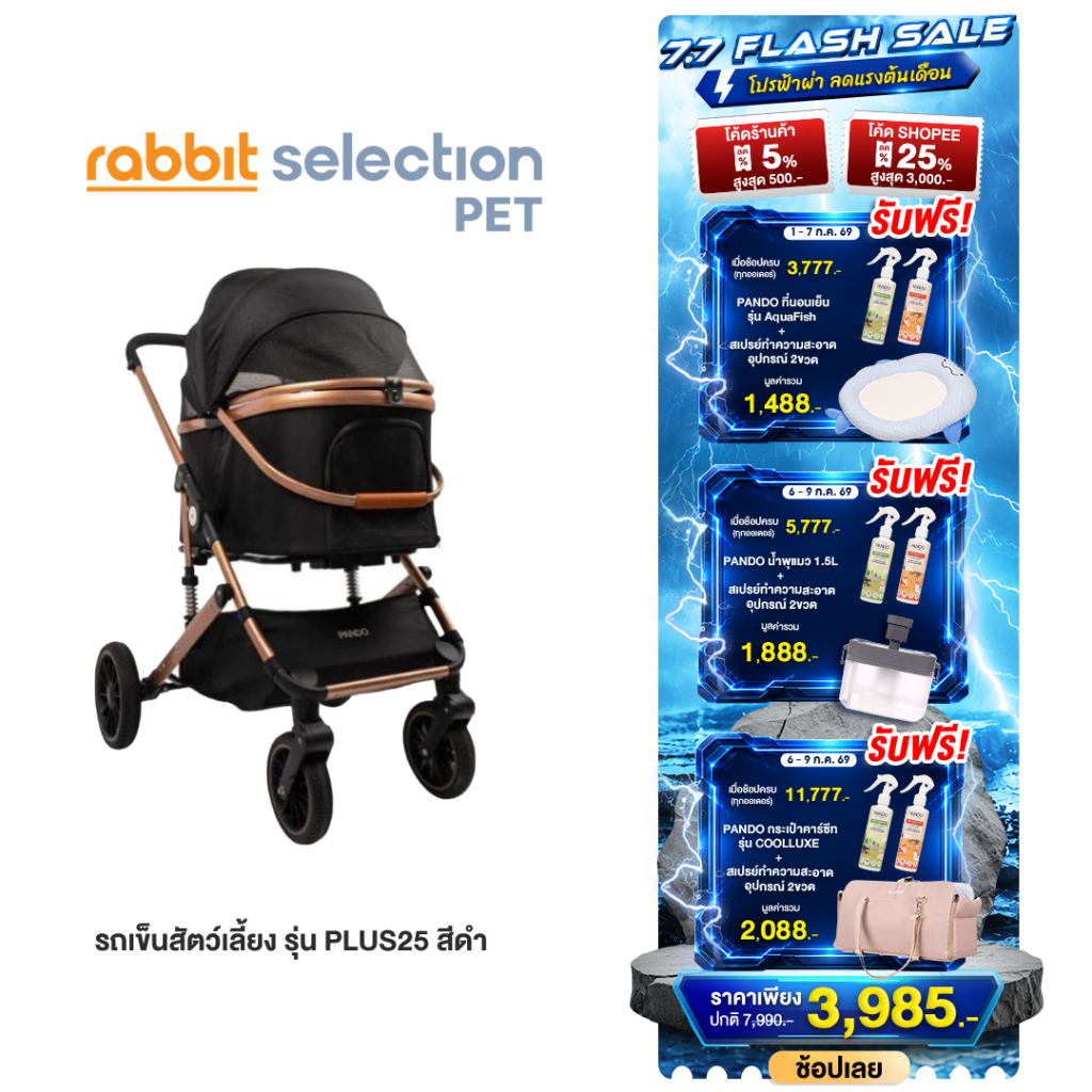 (ของแถม+โค้ดลดสูงสุด 500.-) Pando Second Generation Pet Trolley PLUS25 รถเข็นสัตว์เลี้ยง สีดำ