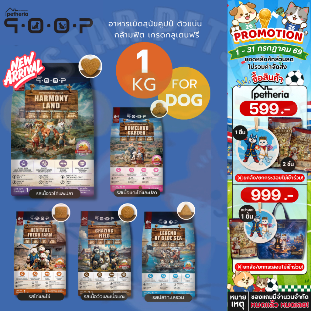 Petheria QOOP อาหารเม็ดสุนัขคูปป์ ตัวแน่น กล้ามฟิต เกรดกลูเตนฟรี สำหรับสุนัขทุกช่วงวัย ทุกสายพันธ์ ขนาด 1 กิโลกรัม