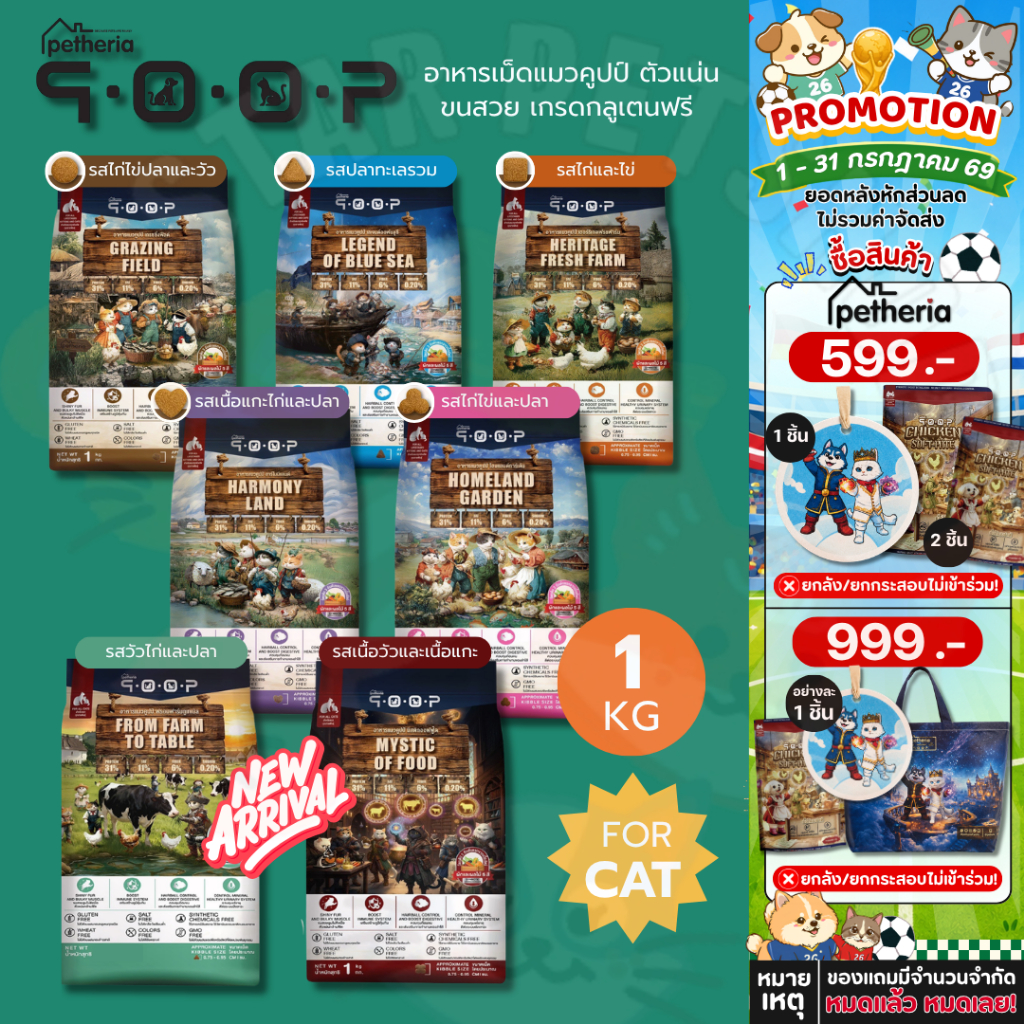 Petheria QOOP อาหารเม็ดแมวคูปป์ ตัวแน่น ขนสวย เกรดกลูเตนฟรี สำหรับแมวทุกช่วงวัย ทุกสายพันธ์ ขนาด 1 กิโลกรัม