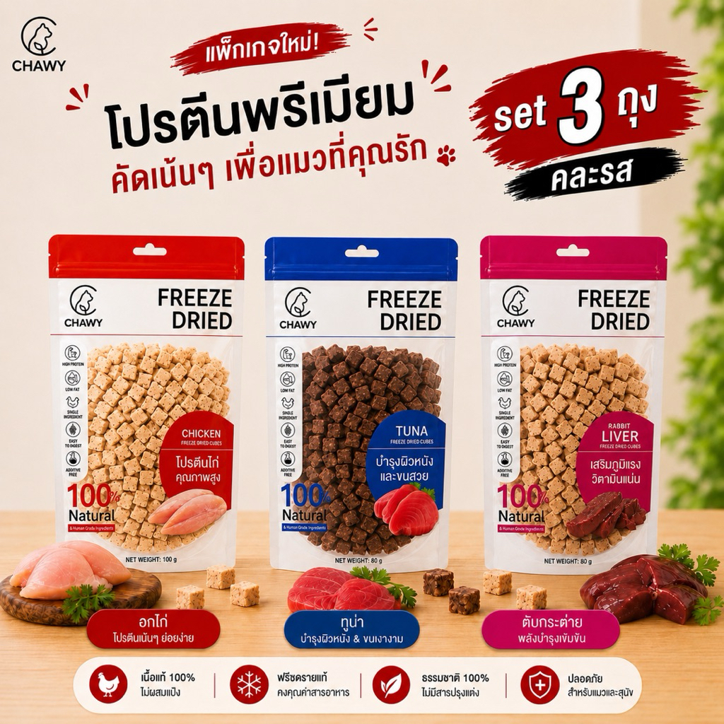 อกไก่xทูน่าxตับกระต่าย 100% [โปร 3 ถุง] ขนมแมว ขนมหมา เกรดพรีเมียม Freeze Dried โปรตีนสูง เสริมกล้ามเนื้อ ขนมสุขภาพแมว