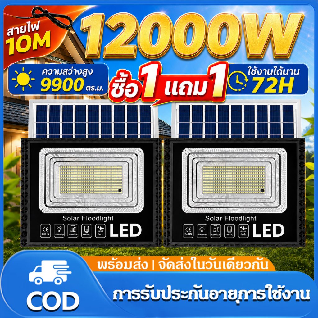 ไฟโซล่าเซลล์ 120000W โซล่าเซลล์ solar cell กันน้ำ กันฟ้าผ่า แสงสีขาว พร้อมรีโมท สายไฟ 10ม