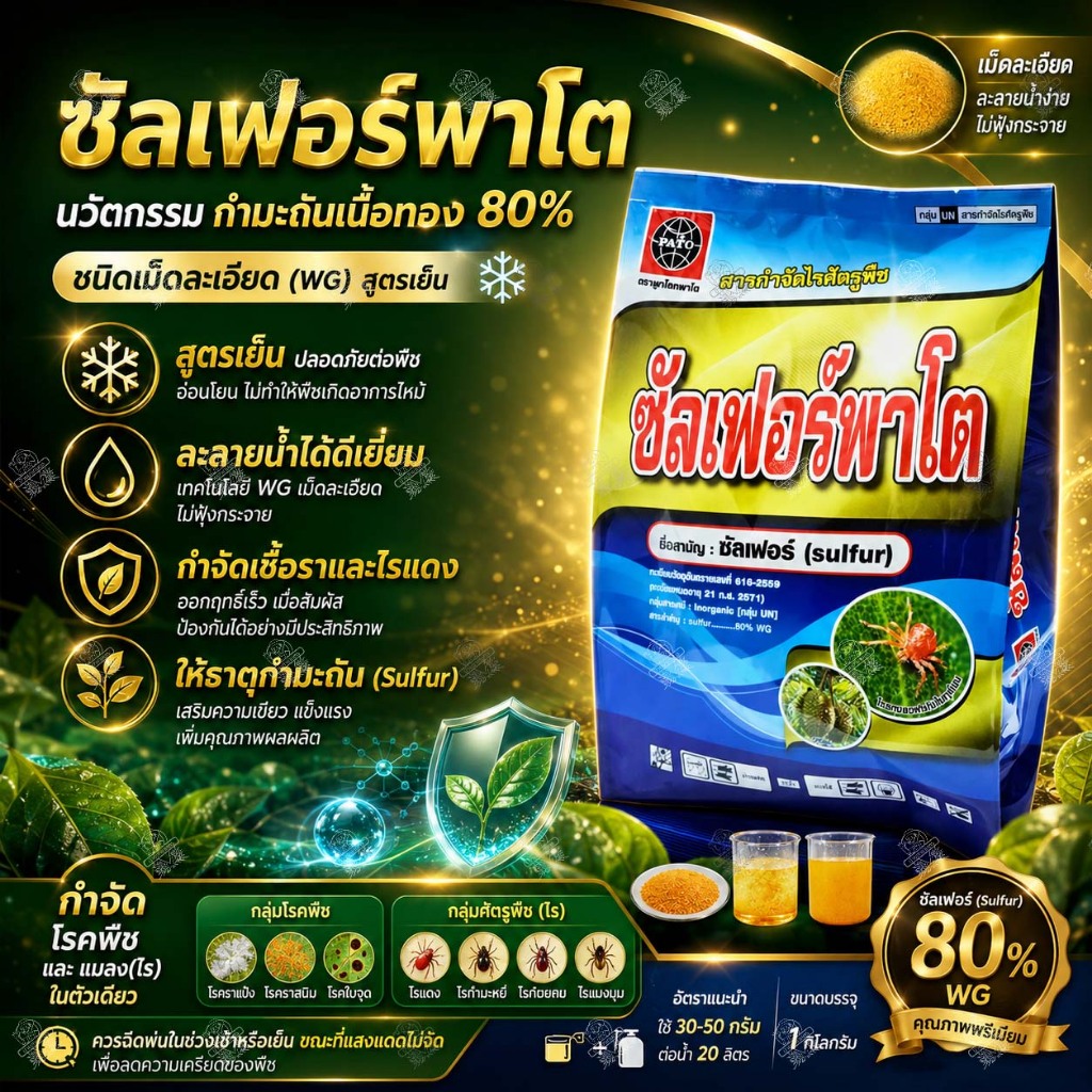 ซัลเฟอร์พาโต 1 กิโลกรัม กำมะถันเนื้อทอง 80% WG แก้ปัญหา ไรแดง ไรแดงมะม่วง เพลี้ยไก่แจ้ ราสนิม ราแป้ง