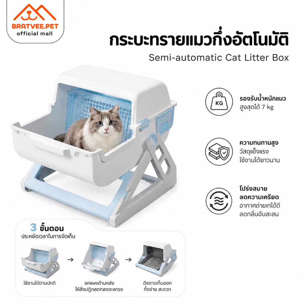 [Bratvee] กระบะทรายแมวกึ่งอัตโนมัติ CT27 ไม่ต้องตักให้เมื่อยหลัง แค่ "ยก-พลิก-วาง" ทรายสะอาดทันที