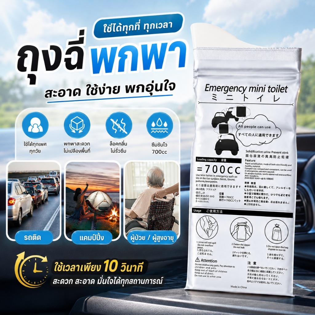 【พร้อมส่ง🚚】UMI  ถุงปัสสาวะฉุกเฉิน ห้องน้ำพกพา ถุงฉี่พกพา 700CC ใช้ในรถ ผู้สูงอายุ เด็ก เดินทาง แคมป์ปิ้ง กันรั่ว ล็อกกลิ