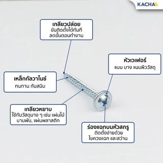 Kacha สกรูเกลียวปล่อย หัวเวเฟอร์ สกรูปลายแหลมหัวนูน แฉก P+ชุบซิงค์ขาว เบอร์ 8 ขนาด 4หุน–16หุน 100 ตัว