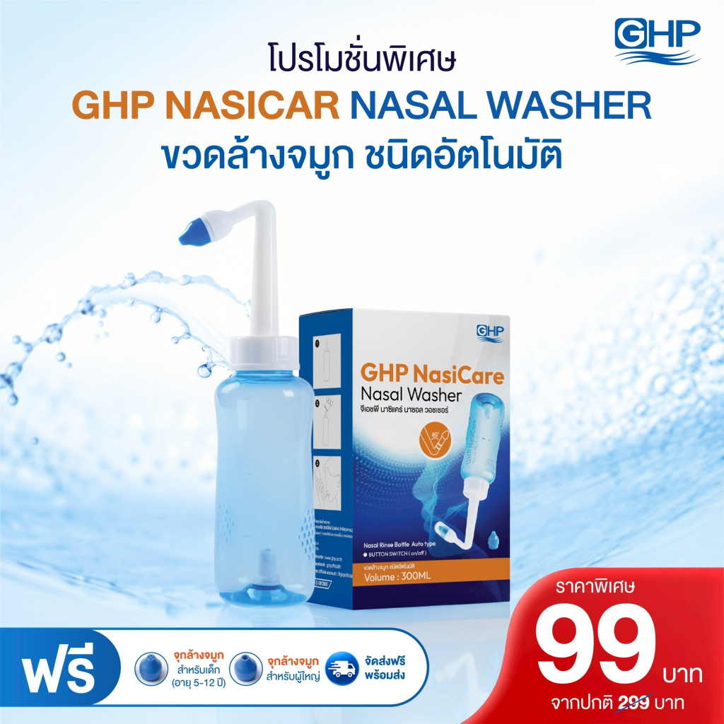GHP NasiCare Nasal Washer ขวดล้างจมูก 300ml สำหรับเด็กและผู้ใหญ่ พร้อมใช้ 1 ขวด