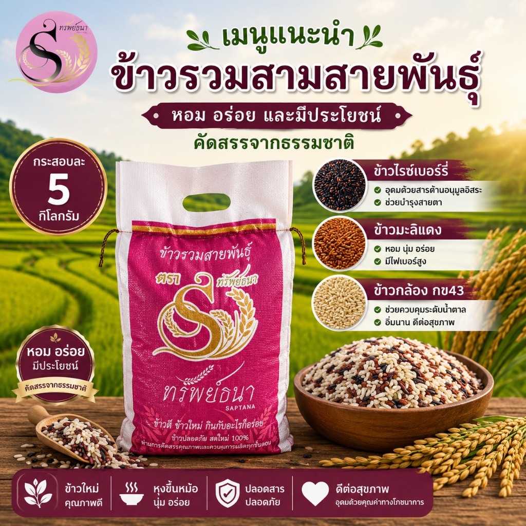 ข้าวรวมสามสายพันธุ์ กระสอบ 5 kg. คัดเกรดคุณภาพ ส่งตรงถึงบ้าน ตราทรัพย์ธนา