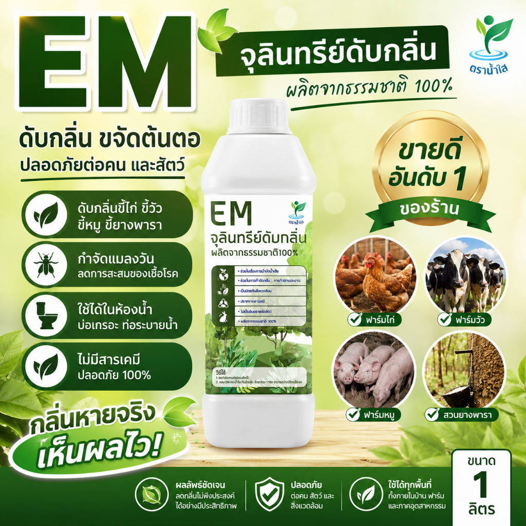 EM ตราน้ำใส ดับกลิ่นชักโครก ฟาร์มปศุสัตว์ ลานยาง บำบัดน้ำ บ่อเกรอะ 1ลิตร