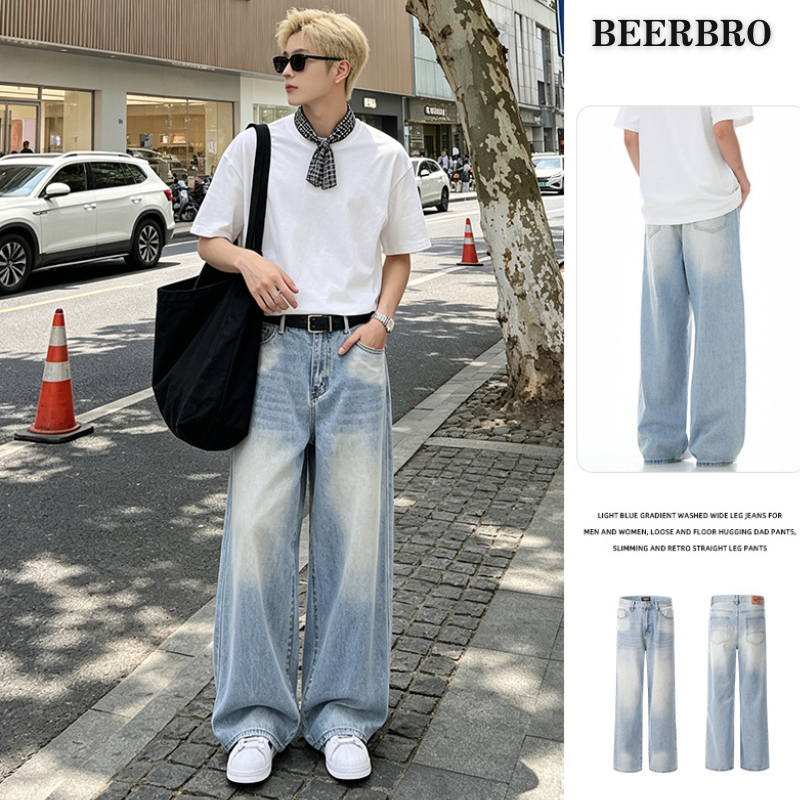 beerbroth-ยีนส์ผู้ชาย สีฟ้าอ่อน ลายน้ำล้าง แบบหลวมๆ ขากว้าง ทรงยาว สไตล์เกาหลี  baggy jeans แบบเรียบง่าย