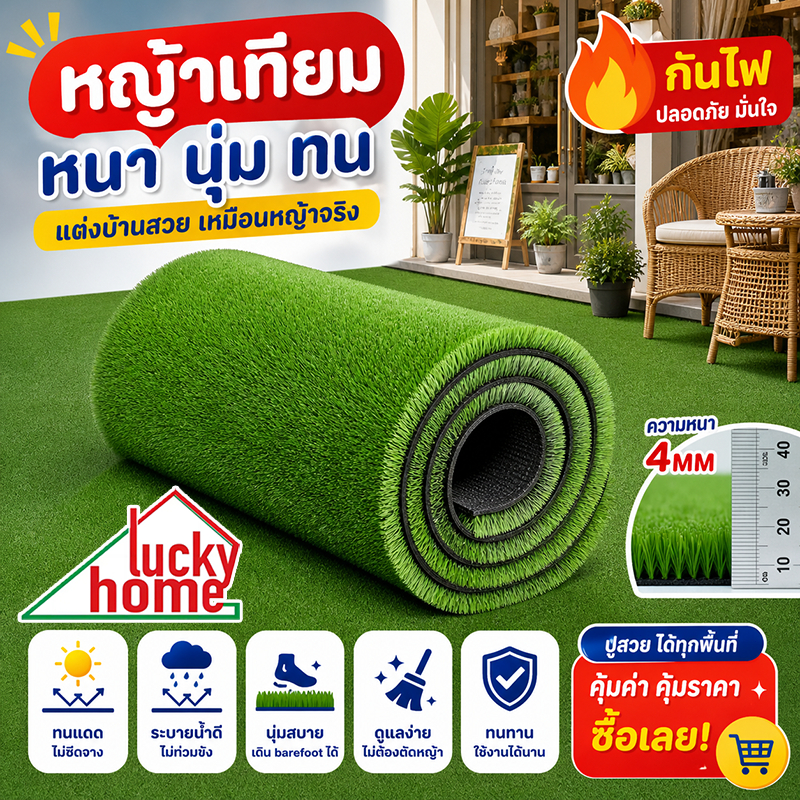 หญ้าเทียม ไม่ต้องดูแล กาวแน่น ไม่เลื่อน 2×25m สูง 4mm ทนแดดทนฝน ซึมน้ำดี หญ้าเทียมสำเร็จรูป หญ้าเทียมติดกาวหลัง