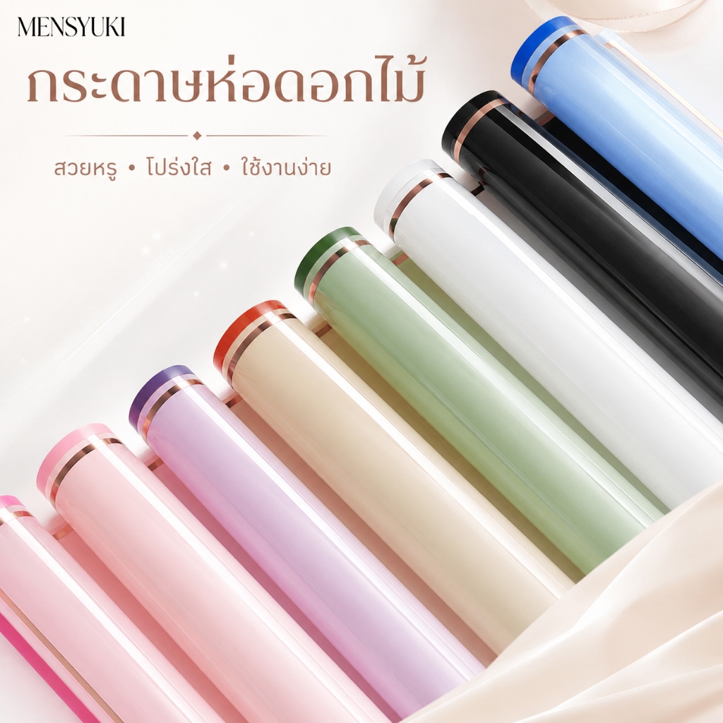 ฟิล์มห่อดอกไม้ หลายสี ขอบทองเงา ใช้ตกแต่งช่อดอกไม้ วันเกิด วาเลนไทน์