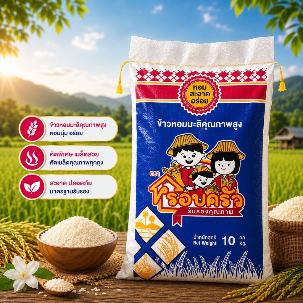 (ครอบครัวน้ำเงิน) ข้าวหอมมะลิสุรินทร์ 10 กิโล ข้าวใหม่นาปี เม็ดสวย