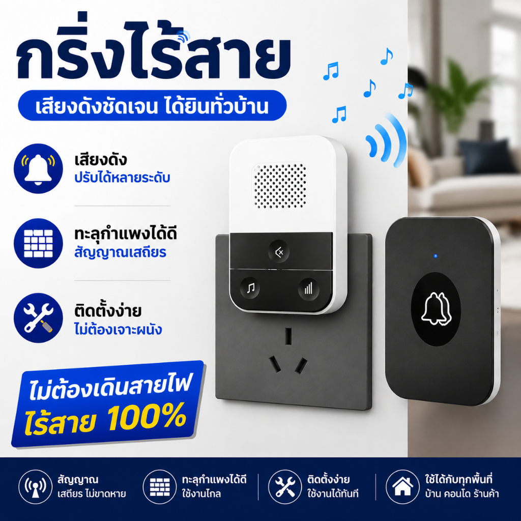 🔔กริ่งประตูไร้สาย กริ่งไร้สาย เสียงดัง ปรับเสียงได้ ติดตั้งง่าย ใช้งานง่าย รับสัญญาณไกล 300 เมตร