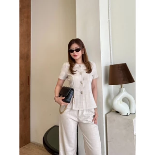 Uni Set:: ชุดเซ็ท 2 ชิ้นขายาว ชุดเซ็ทขายาว เสื้อคอกลมแขนสั้นแต่งกระดุมทอง ชายล่างแต่งจีบ ทำงาน BETTY (B072)