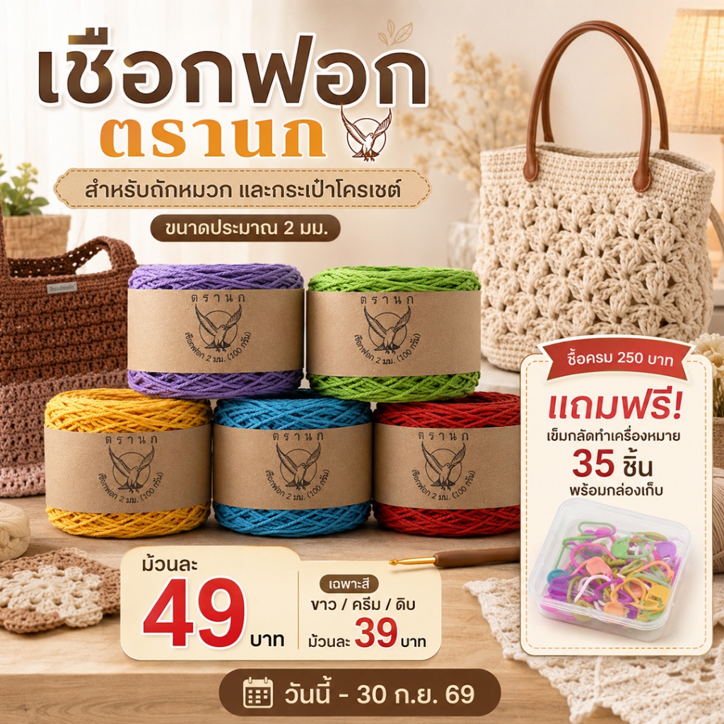 ซื้อ 250 บาท มีของเเถม | เชือกฟอก เบอร์ #12 สำหรับ ถักกระเป๋