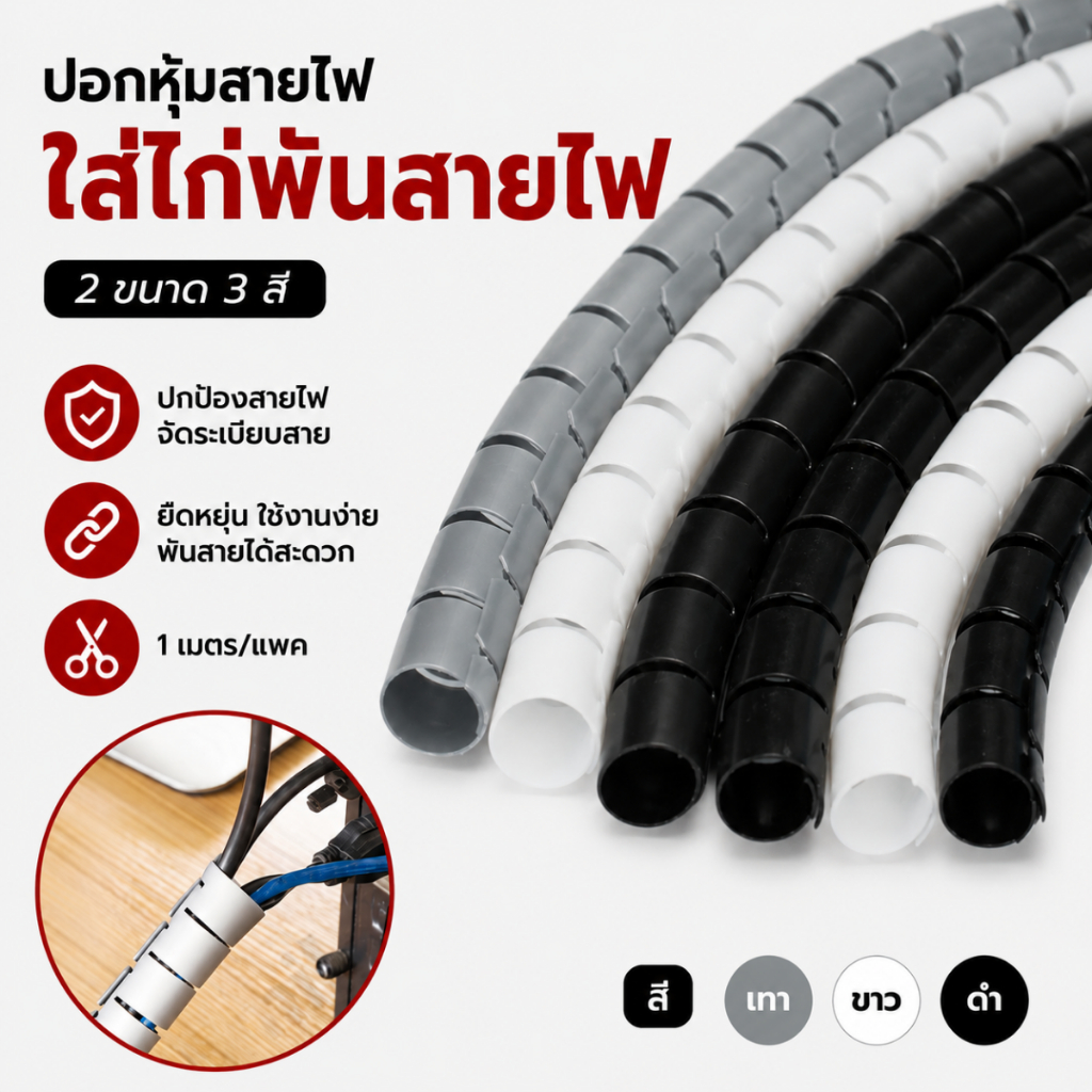 ปอกหุ้มสายไฟ ไส้ไก่พันสายไฟ Spiral Cable Wrap 22-28 มม. ยาว 1 เมตร จัดระเบียบสายไฟ สีดำ สีขาว สีเทา