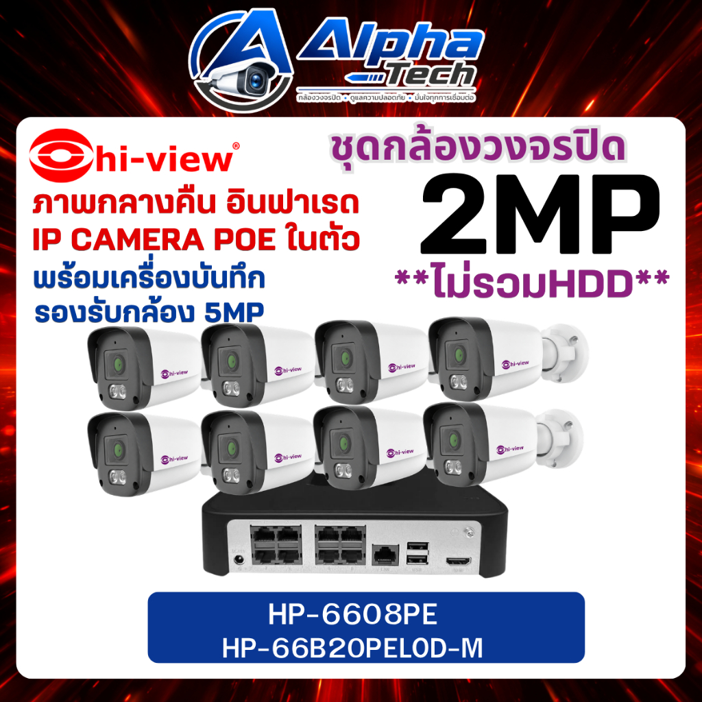 กล้องวงจรปิด IP CAMERA Hiview ชุด8ตัว รุ่น HP-6608PE/HP-66B20PEOD-M ความละเอียด 2MP POE ในตัว (ไม่รว
