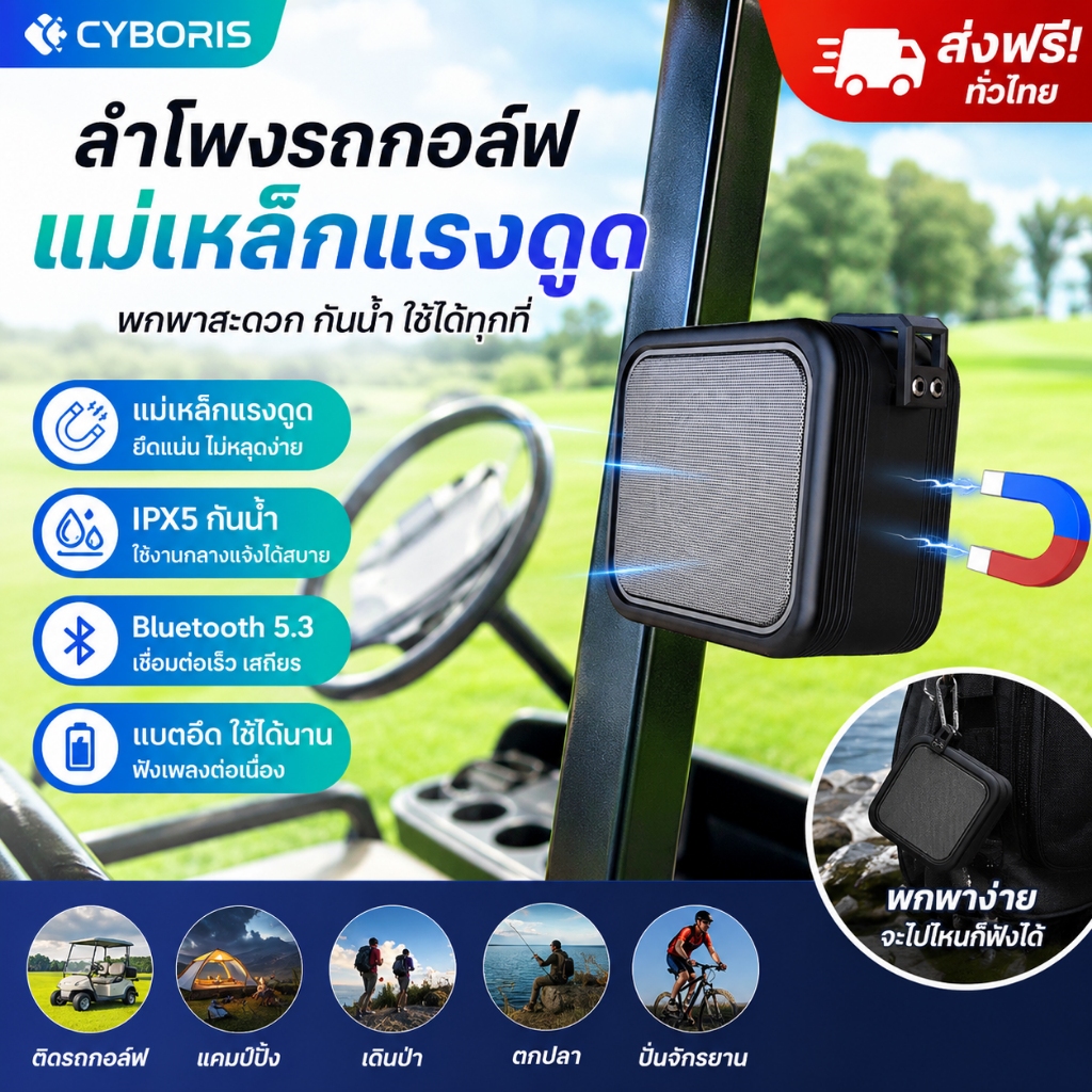 ลำโพงรถกอล์ฟ Cyboris แม่เหล็กแรงดูด กันน้ำพกพา บลูทูธ 5.3 เหมาะใช้กลางแจ้ง