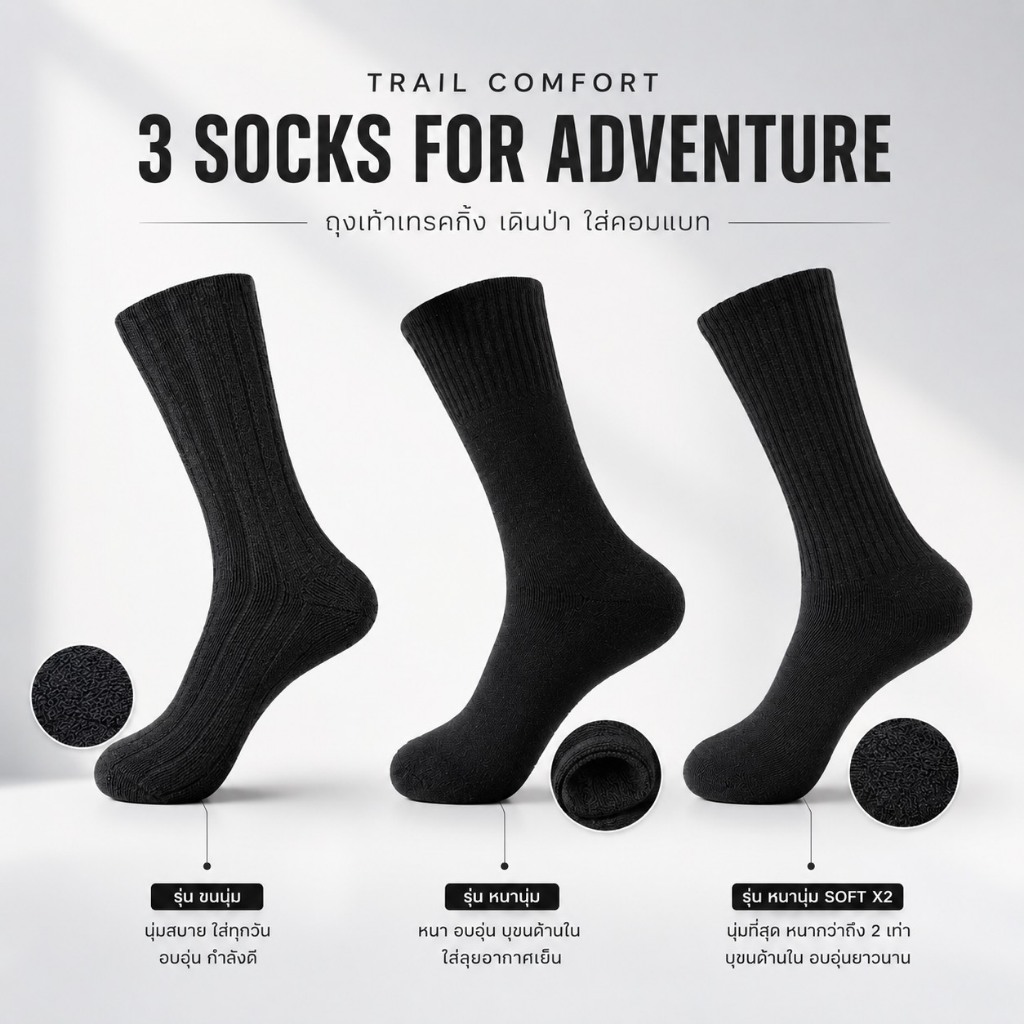ถุงเท้าเดินป่า แทรคกิ้ง (Hiking & Trekking Socks)เท้าใหญ่ใส่ได้ เนื้อหนาบุขนนุ่ม ถุงเท้าใส่คอมแบท