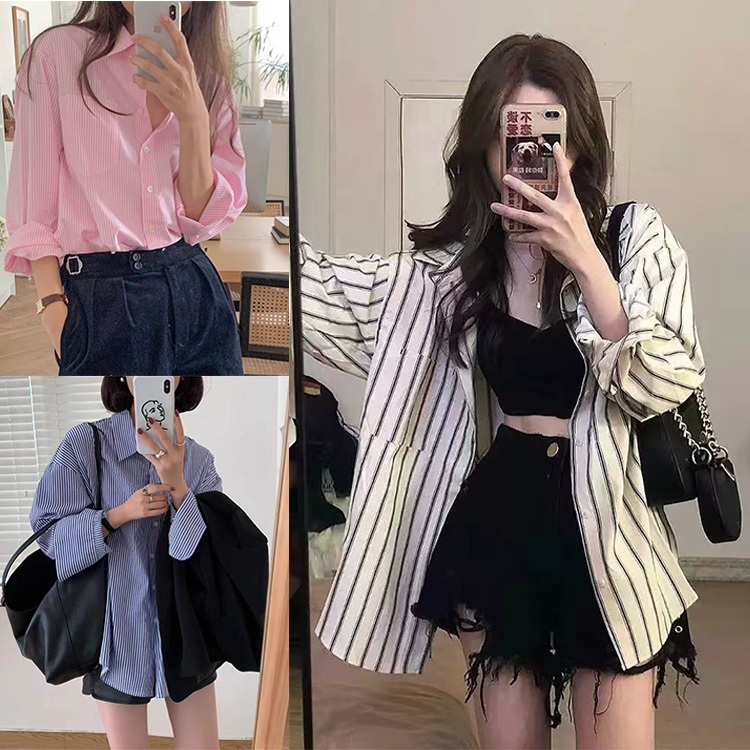 🌻เสื้อแฟชั่นหญิง ลายทาง แขนยาว แบบเรียบๆ คอปก สไตส์เกาหลี Classic striped style เสื้อเชิ้ตผู้หญิงรุ่นใหม่#F083