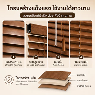 🎉ส่งจากกทม🎉มู่ลี่หน้าต่าง PVC ลายไม้ กันน้ำ กันแดด ปรับแสงได้ ระบายอากาศดี เหมาะสำหรับตกแต่งบ้าน กล่องแข็ง กันแตกเสียหาย