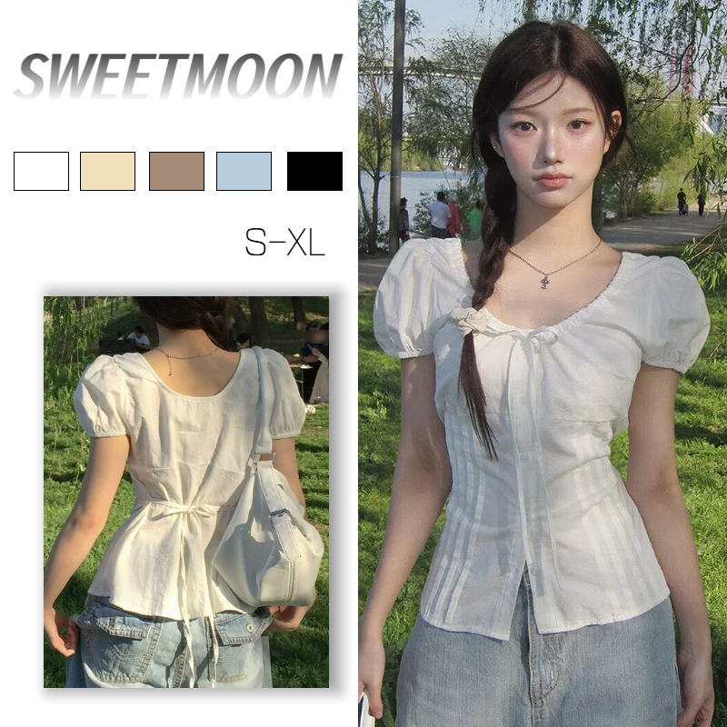 เสื้อยืดแขนสั้น ขาว เว้าเอว สีพื้น แฟชั่น เสื้อครอปคอกว้างแ เวอร์ชั่นเกาหลี สไตล์เกาหลี