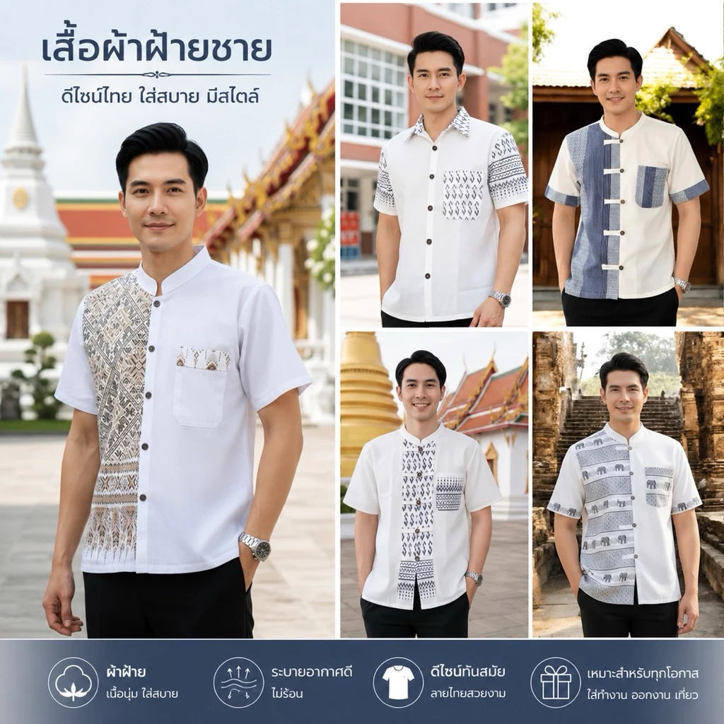 เสื้อพื้นเมืองผู้ชายแขนสั้น รวมสีขาว