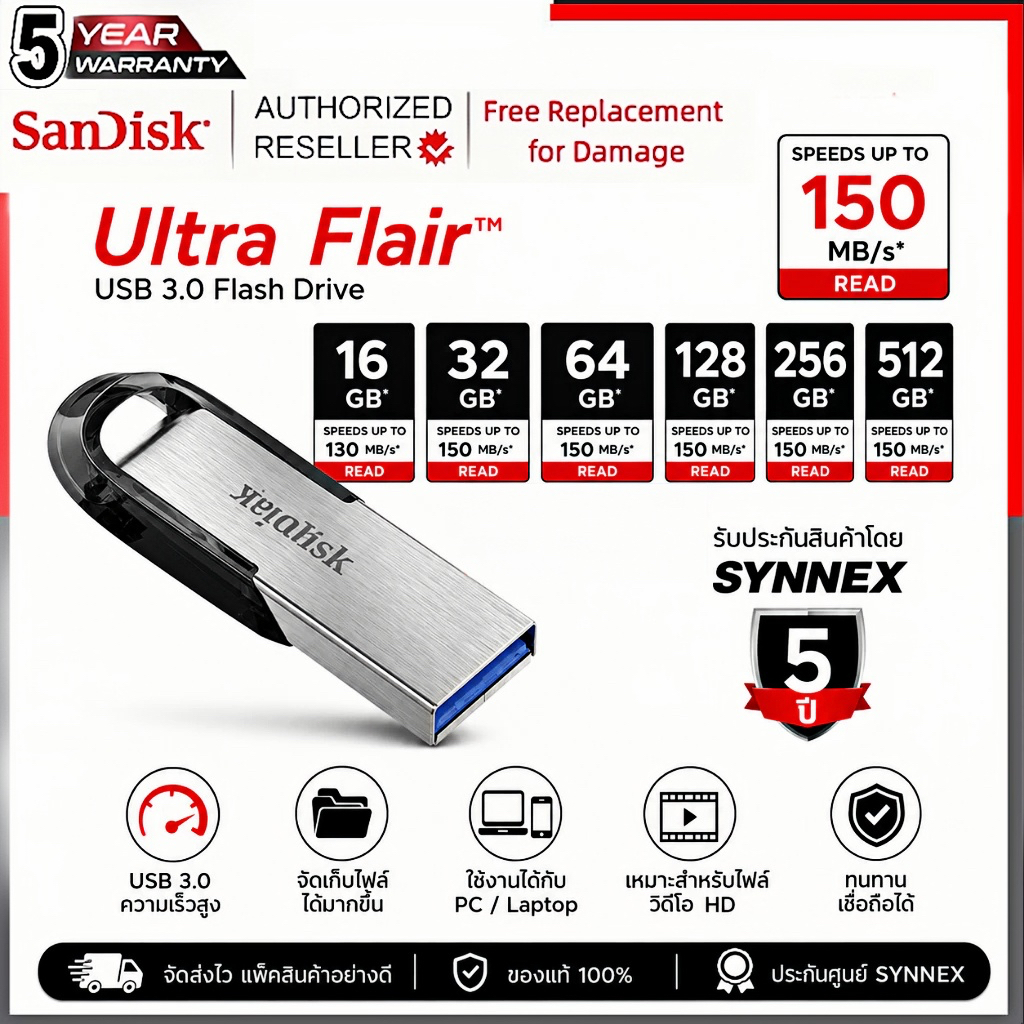 (ส่งด่วน) SANDISK Flash Drive USB 3.0 Ultra Flair 32GB/64GB/128GB/256GB/512GB/1TB (150MB/s) SDCZ73 ของแท้ แฟลชไดร์ฟ