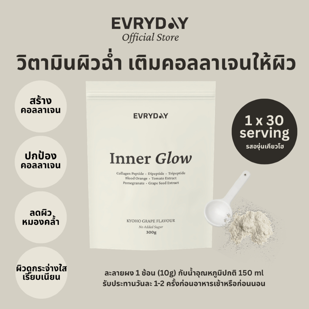 EVRYDAY INNER GLOW Collagen Peptides + Antioxidants| คอลลาเจนเปปไทด์ ชนิดตัดพันธะตรงเข้าสู่ผิว 300g x 1 ทานได้ 30 ครั้ง