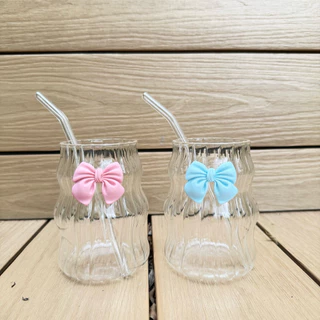 แก้วน้ำ วัสดุแก้ว 450 มล โบว์สีชมพู🎀 พร้อมหลอด แก้วกาแฟ ส่งจากกรุงเทพ