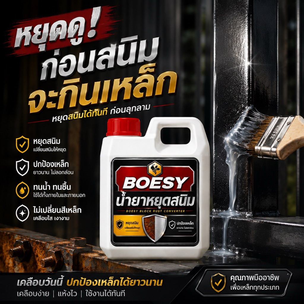 Boesy Block น้ำยากันสนิม Rust Stop เคลือบเหล็ก ป้องกันสนิมลุกลาม ทาสีทับได้ ใช้ได้กับเหล็กทุกชนิด 1 ลิตร